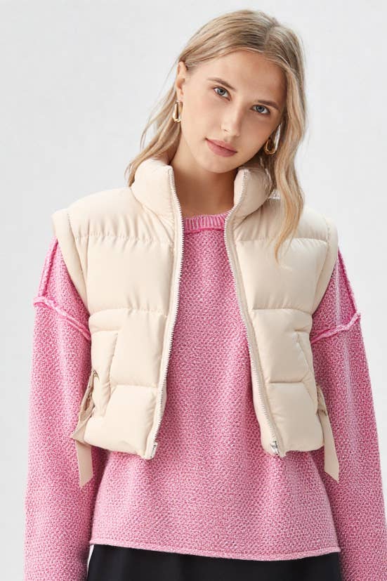 VERY J - NJ90335-Side Bow Tie Front Zipper Crop Puffer Vest