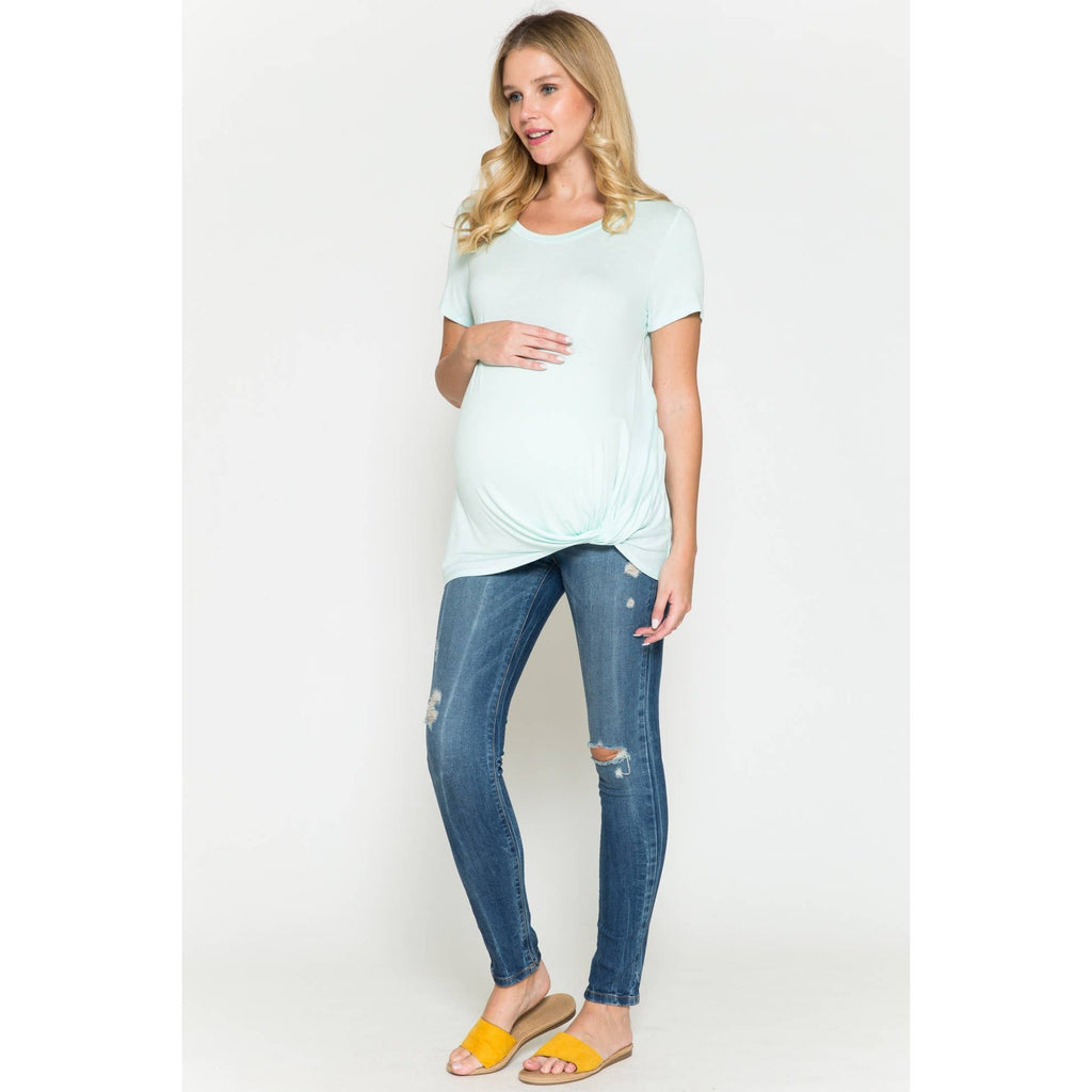 Story Teller - Maternity Round Neck Front Twist Knotted Solid Basic Top