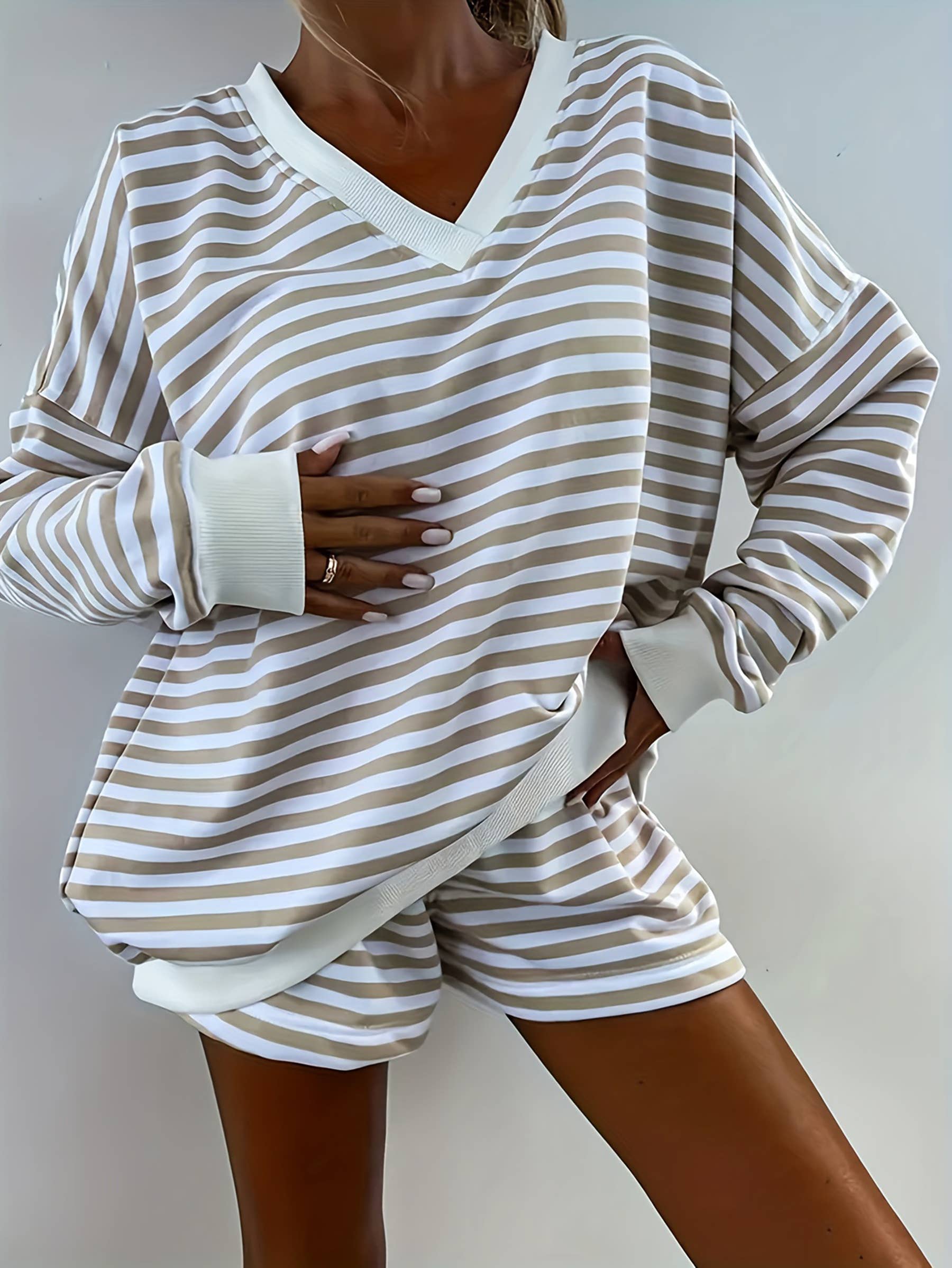 Striped Long Sleeved V-neck Top Sports Shorts Two-piece Set