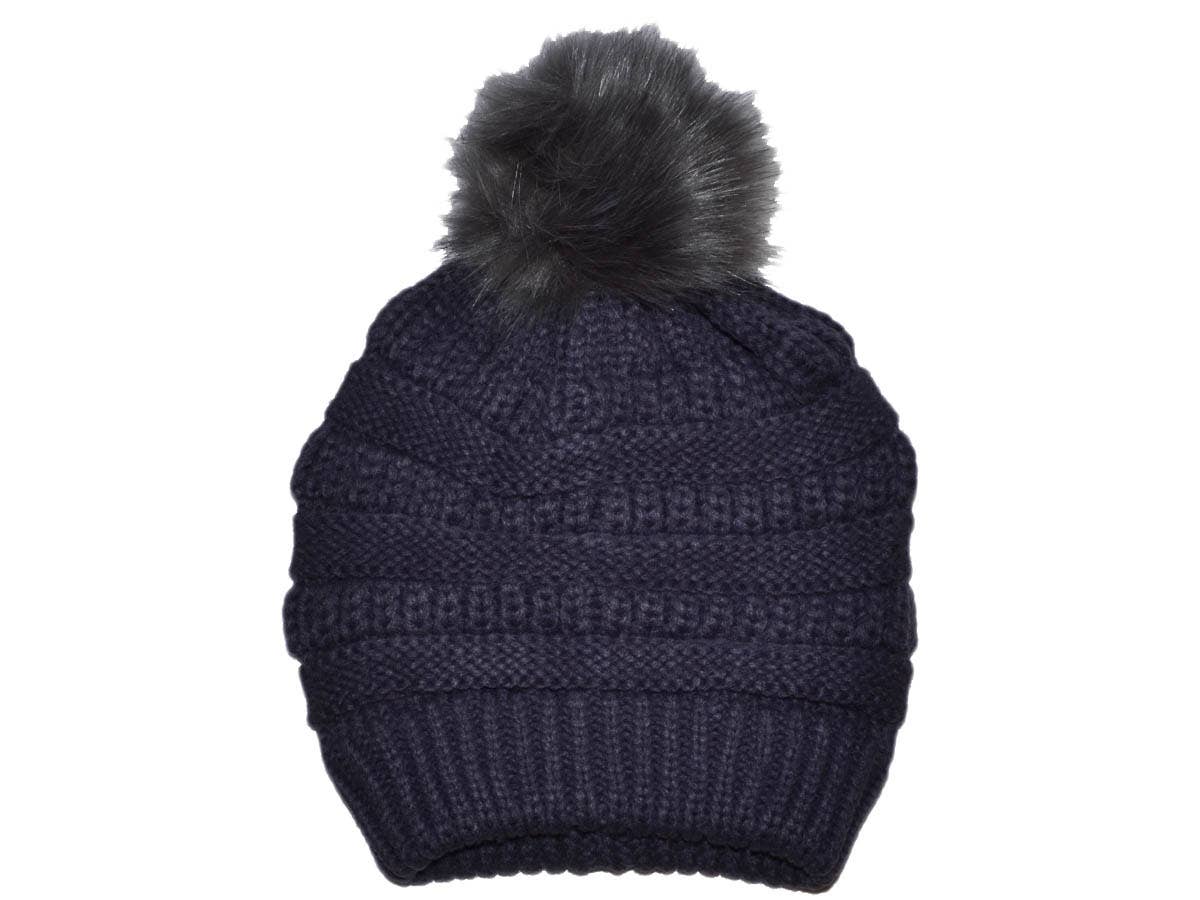 Buck Wholesale - Winter Beanie W/Fur Pom-Pom  - Warm Knit Soft Ladies Beanie
