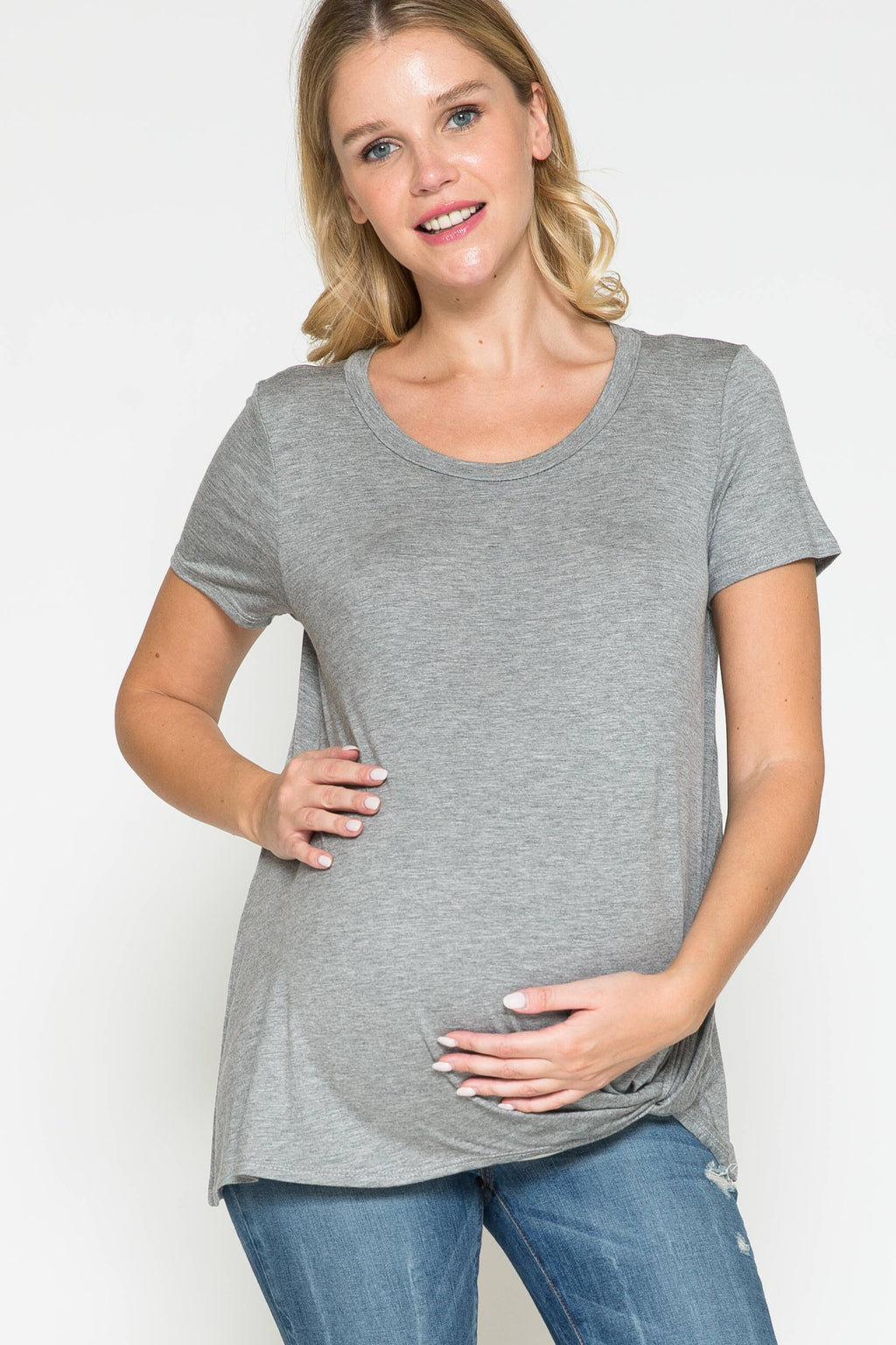 Story Teller - Maternity Round Neck Front Twist Knotted Solid Basic Top