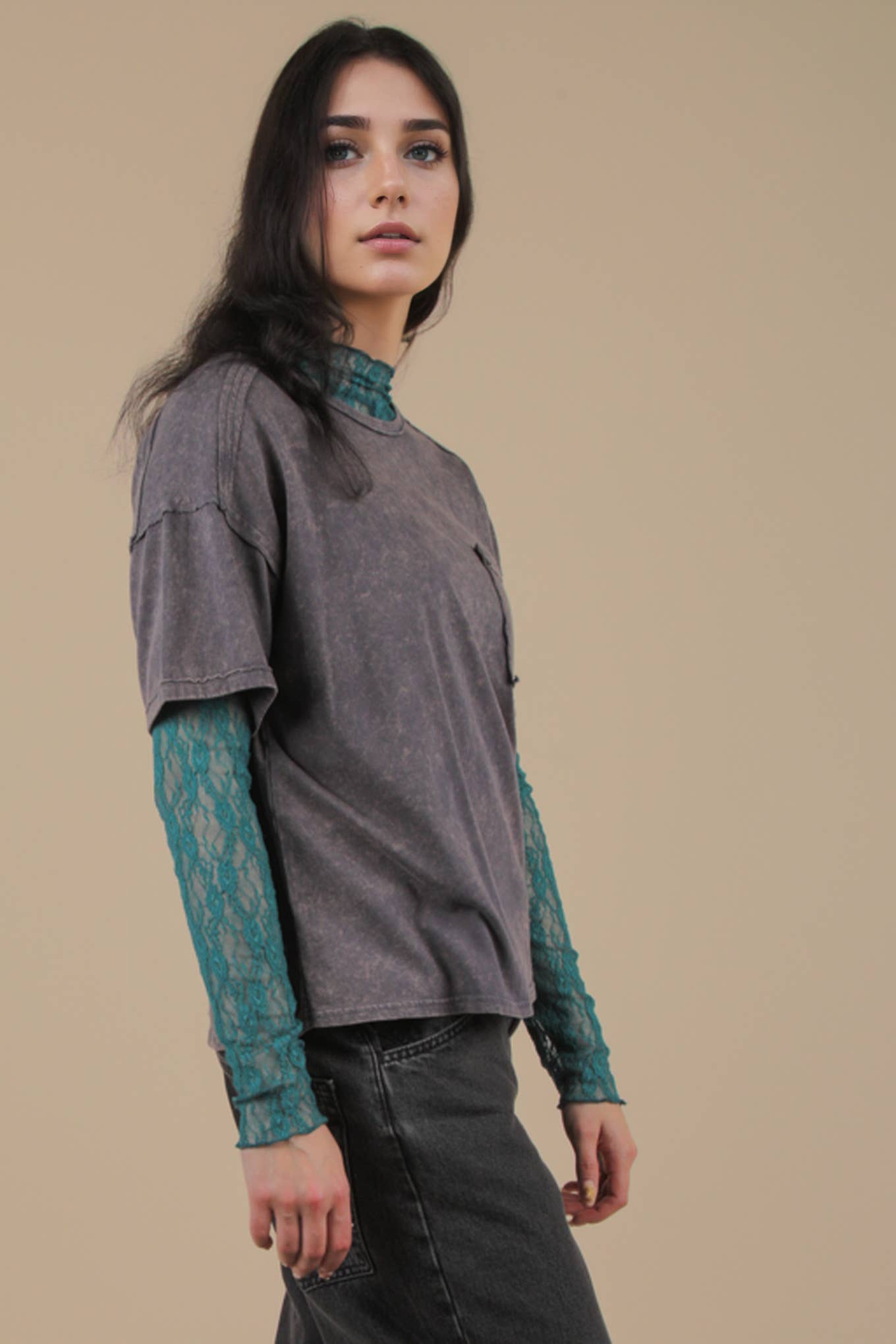 VERY J - NT11108-Mineral Washed Knit Top with Pocket