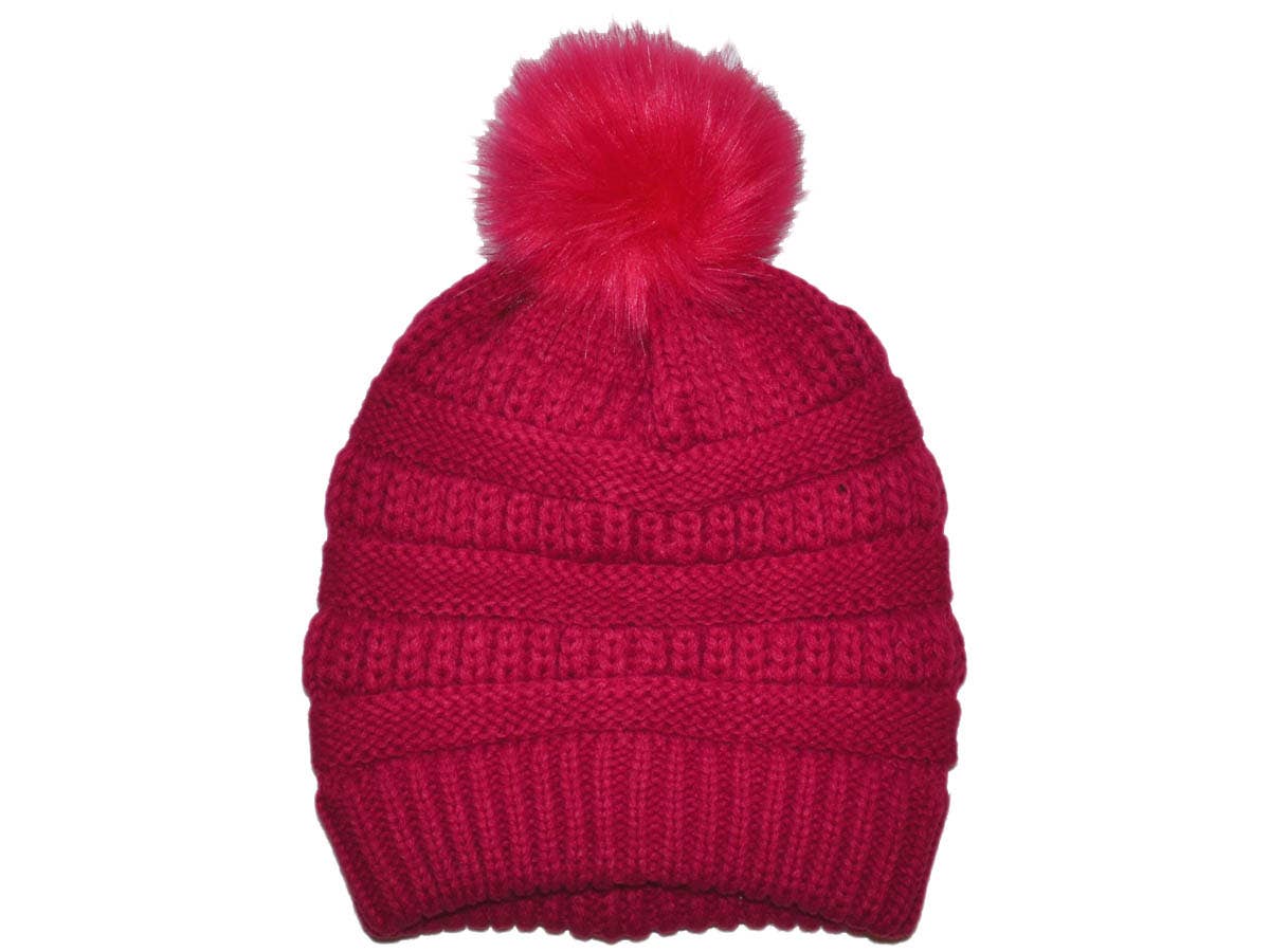 Buck Wholesale - Winter Beanie W/Fur Pom-Pom  - Warm Knit Soft Ladies Beanie