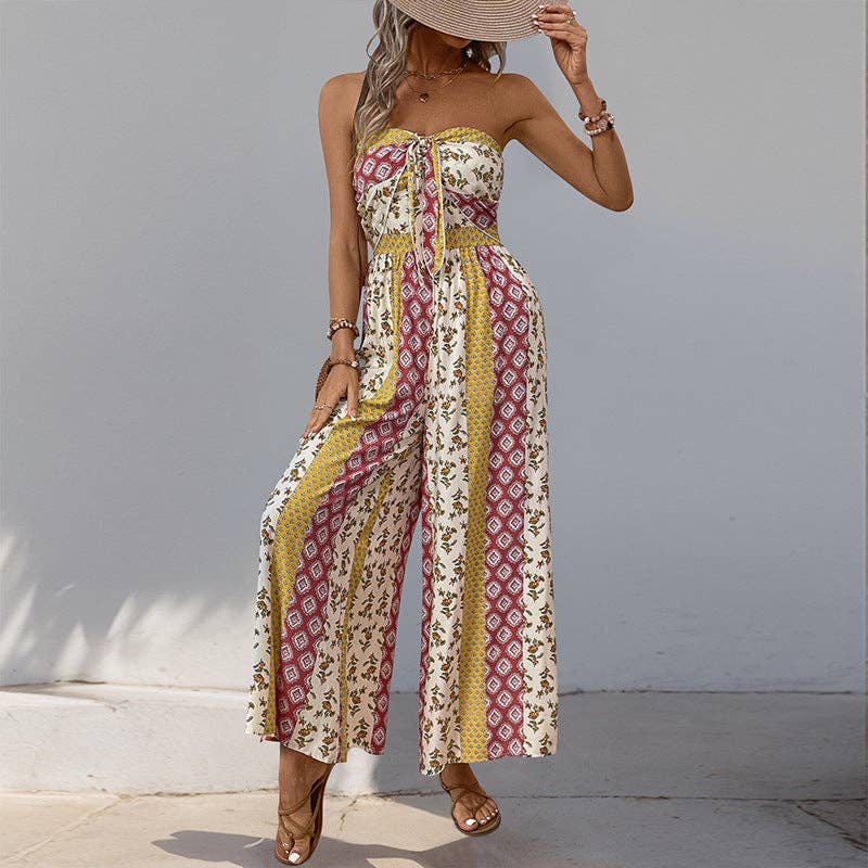 Lovesoft - Strapless Smocked Romper Tube Top Flare Trousers Jumpsuit