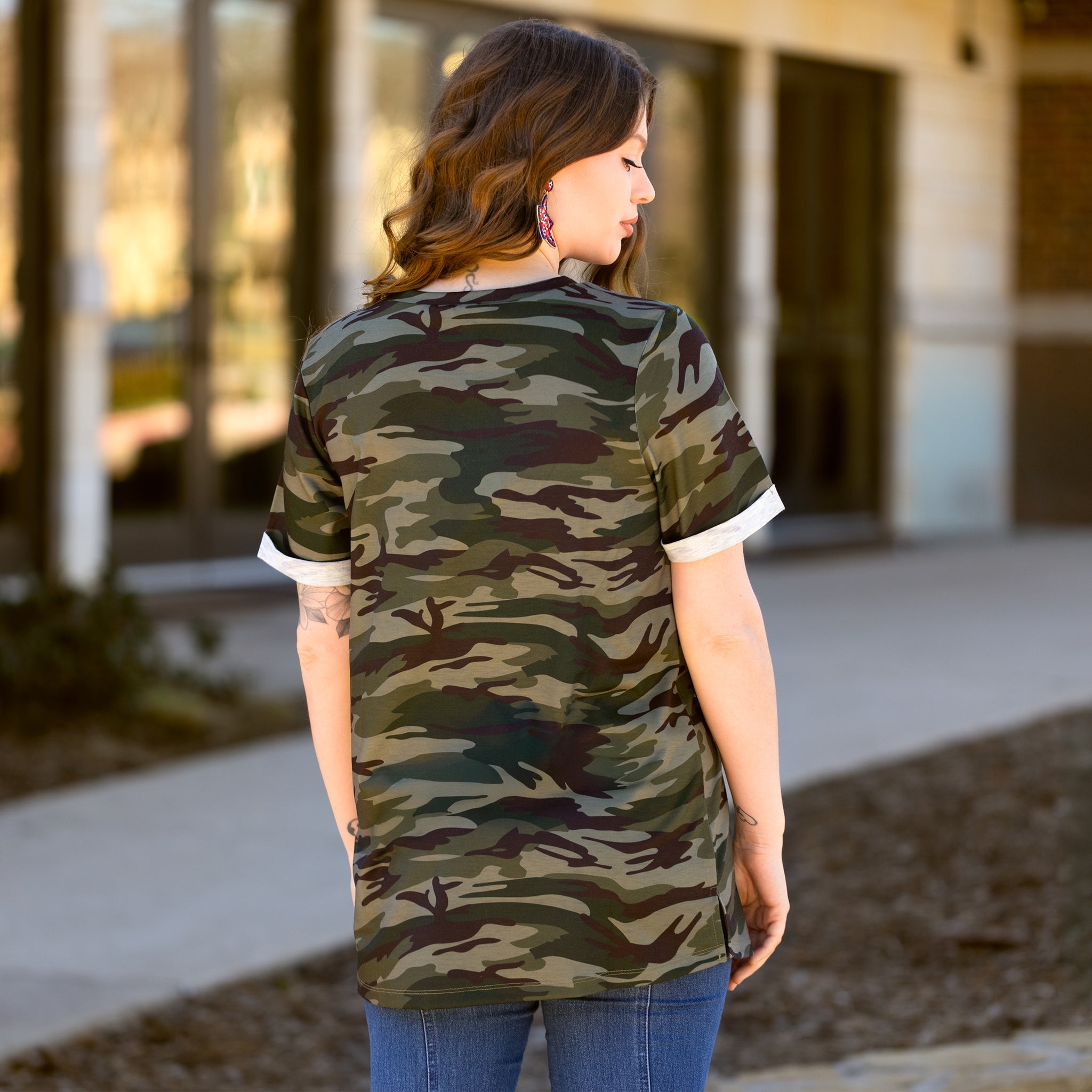 Half Sleeve Camo Top With American Flag Pocket