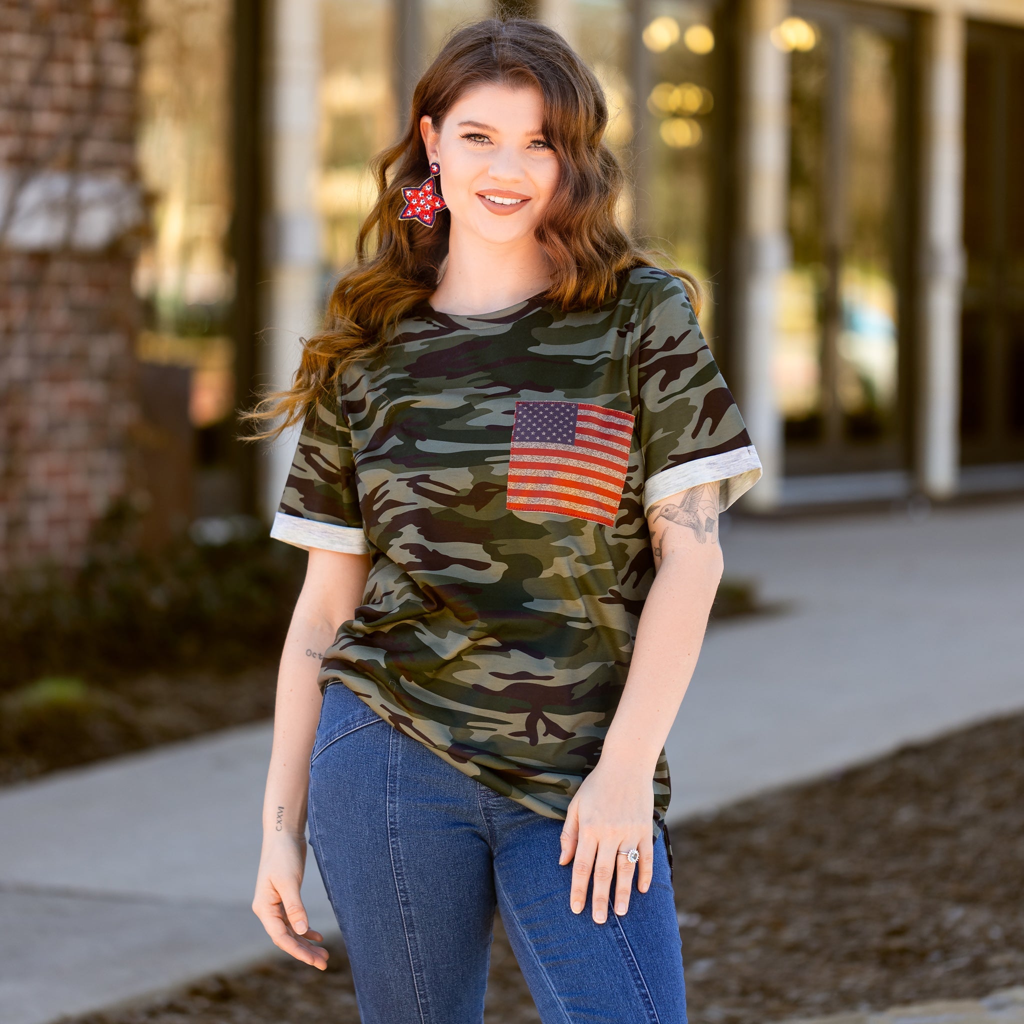 Half Sleeve Camo Top With American Flag Pocket
