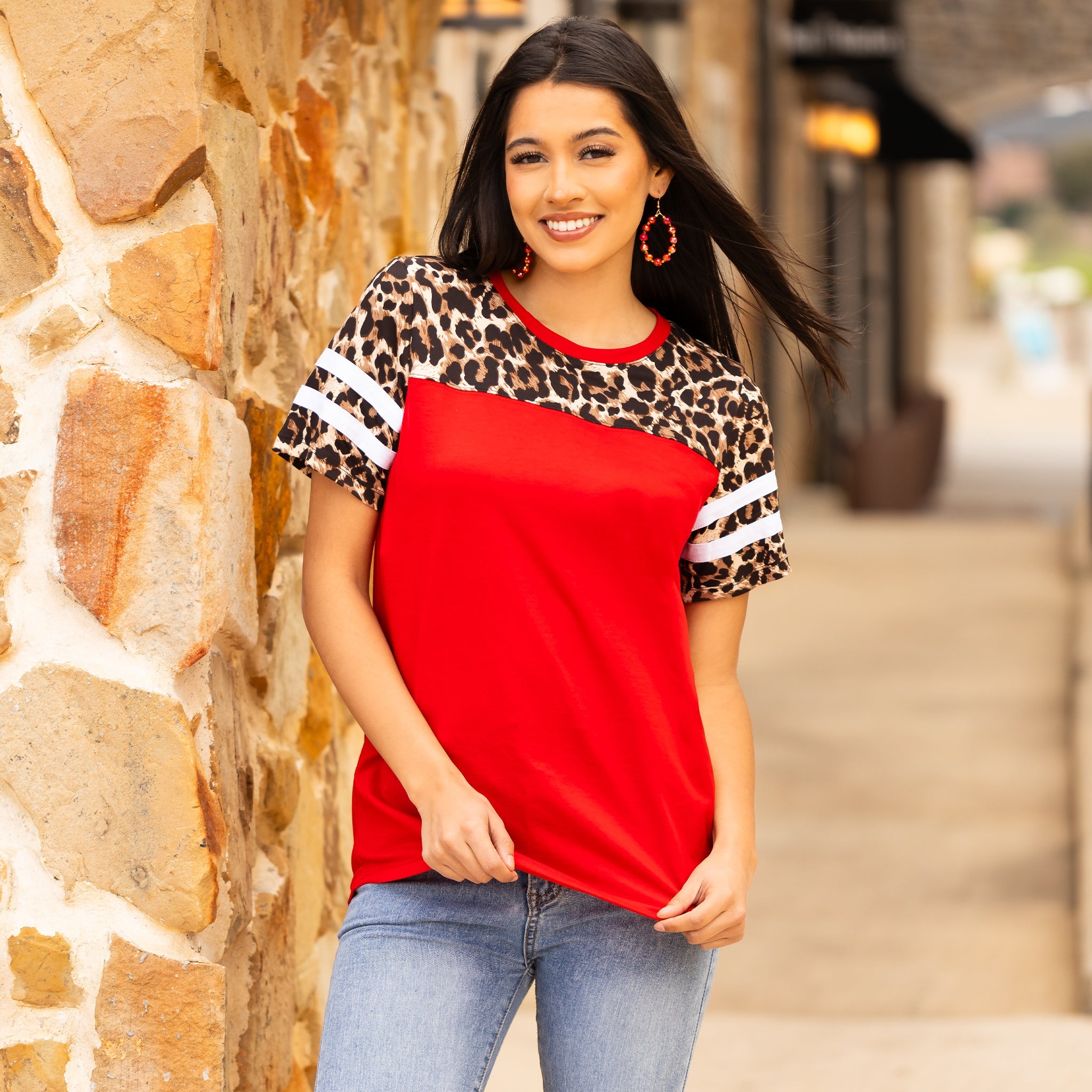 Half Sleeve Leopard Top with Stripes - Red