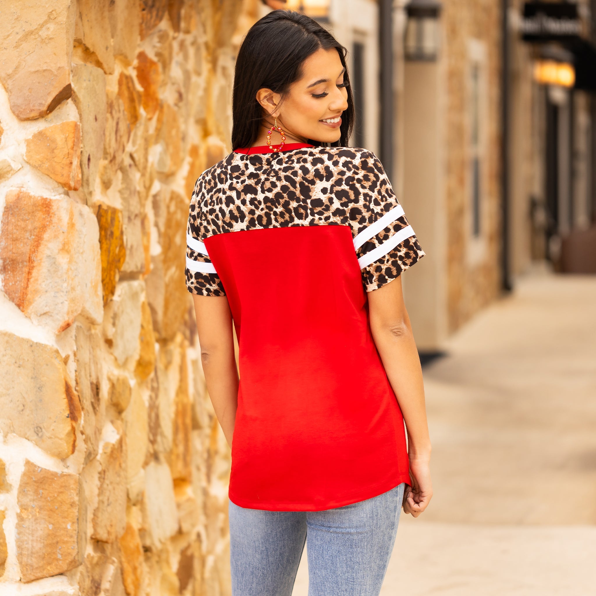 Half Sleeve Leopard Top with Stripes - Red