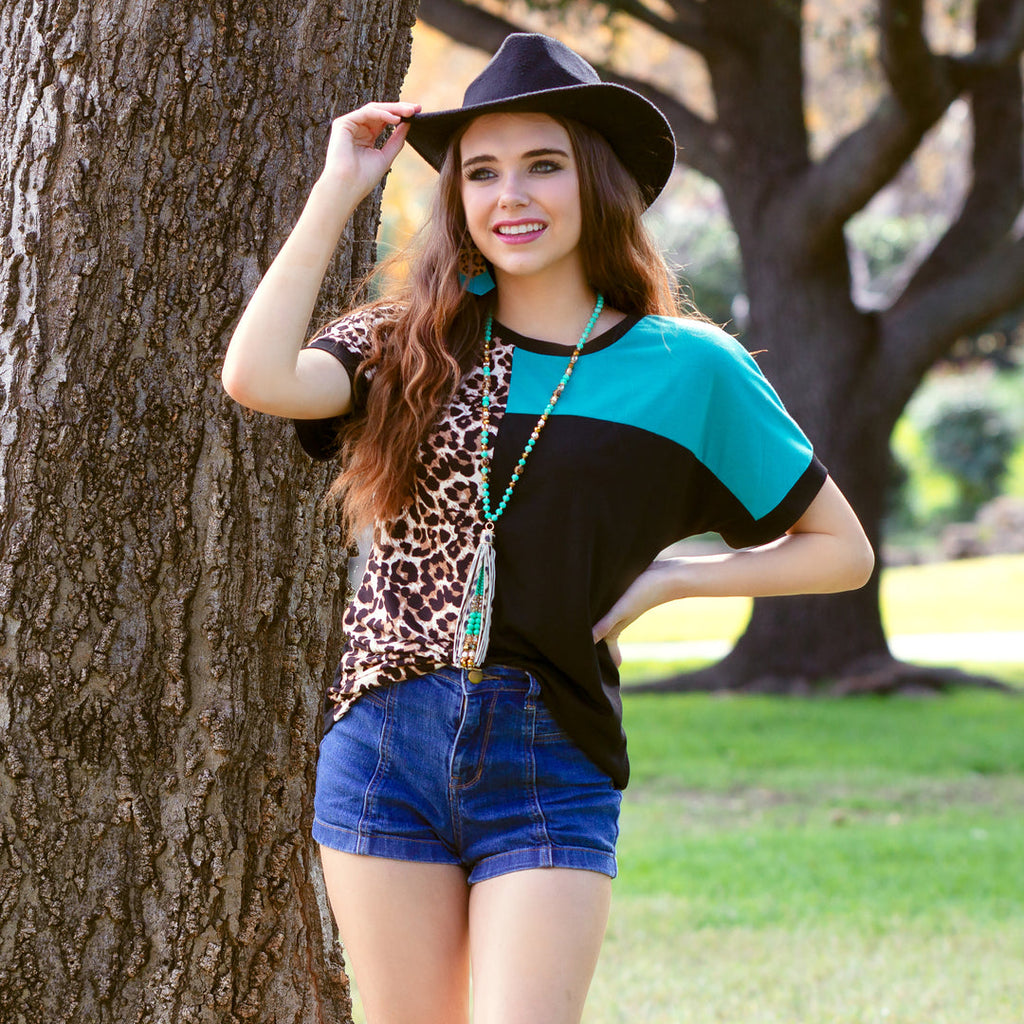 Leopard Color Block Half Sleeve Top