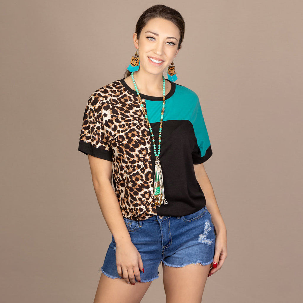 Leopard Color Block Half Sleeve Top