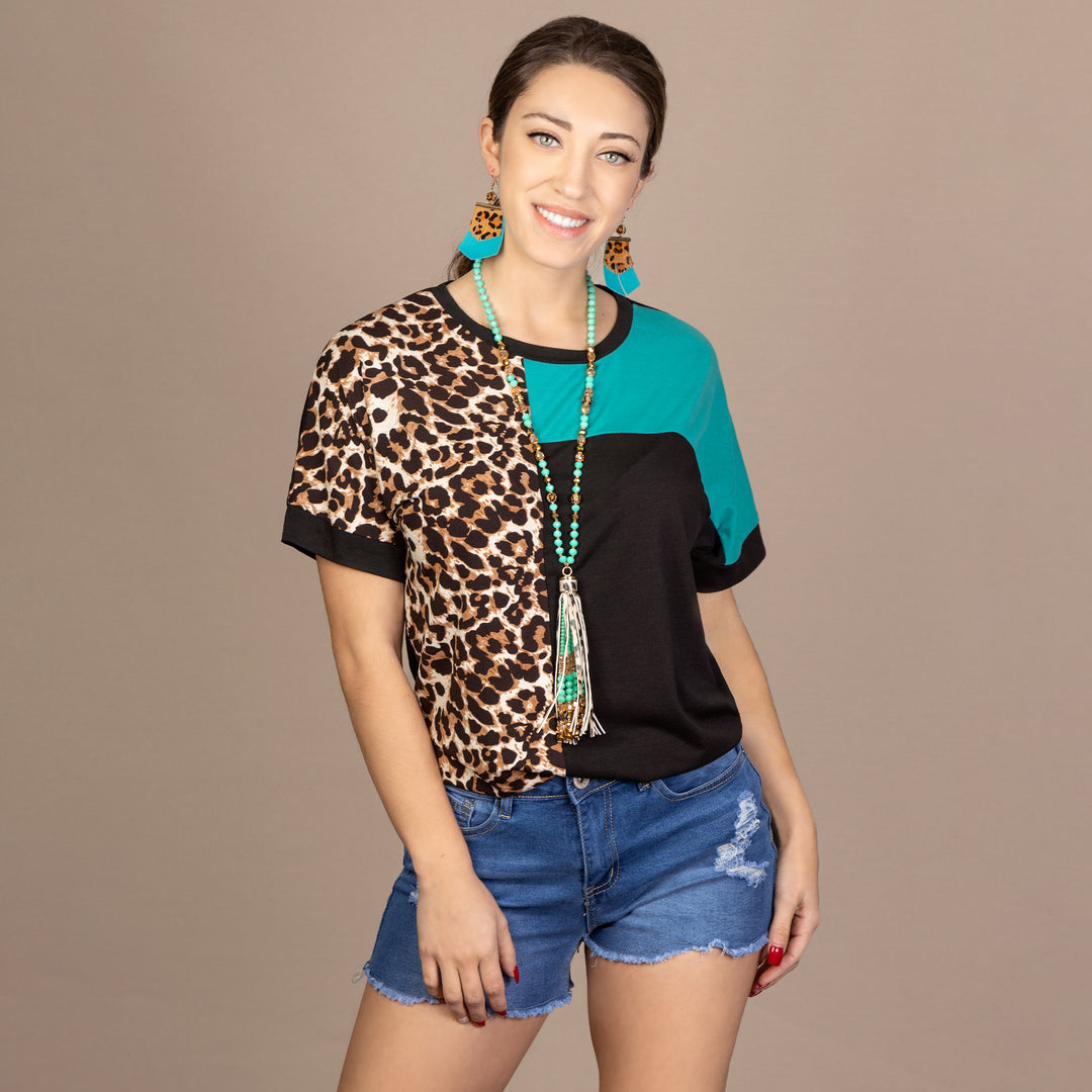 Leopard Color Block Half Sleeve Top