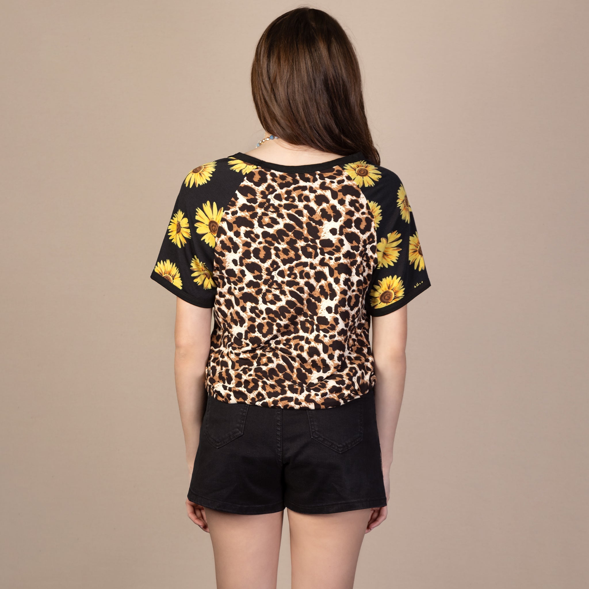 - Sunflowers and Leopard Half Sleeve Top