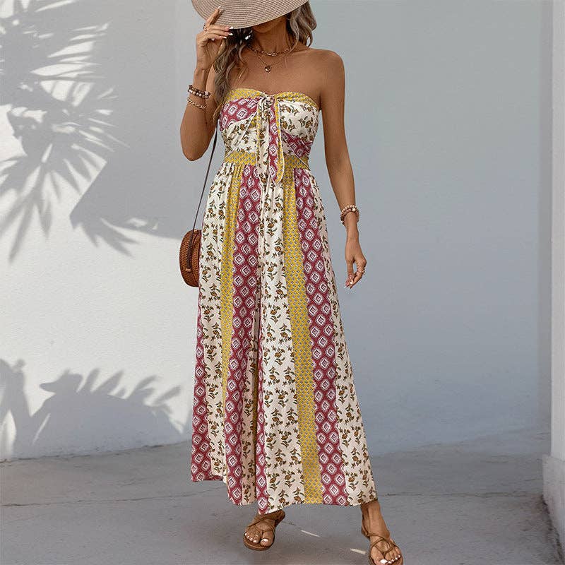 Lovesoft - Strapless Smocked Romper Tube Top Flare Trousers Jumpsuit