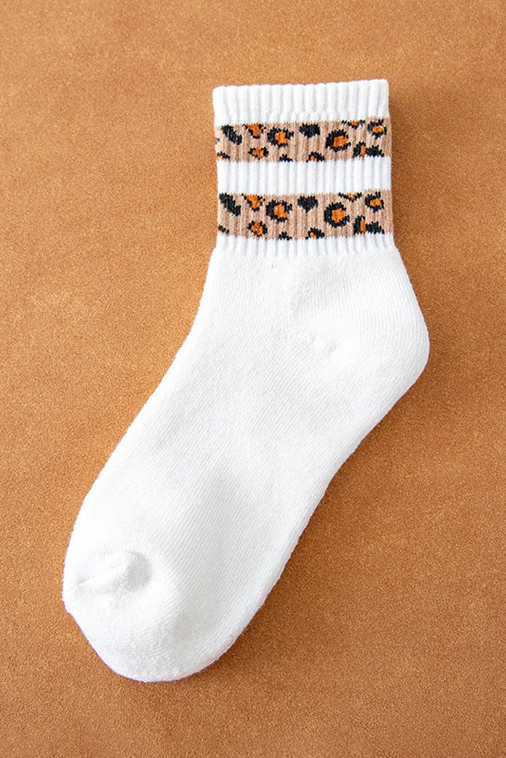 Lovesoft - White Leopard Striped Detail Ribbed Cuffs Womens Socks3