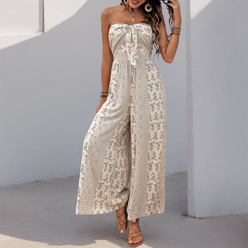 Lovesoft - Strapless Smocked Romper Tube Top Flare Trousers Jumpsuit