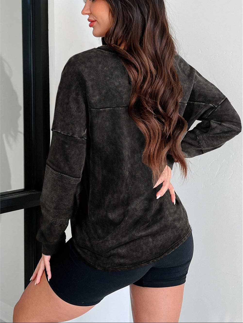 Lovesoft - Carbon Grey Mineral Wash Exposed Seam Buttoned V Neck Pullover Top