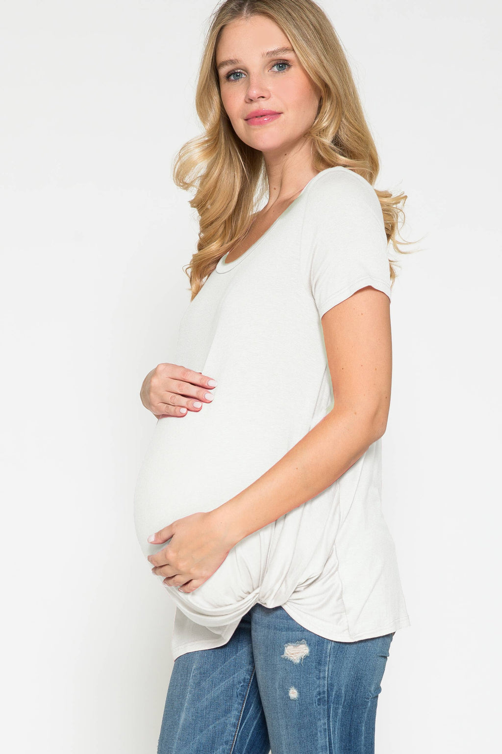Story Teller - Maternity Round Neck Front Twist Knotted Solid Basic Top