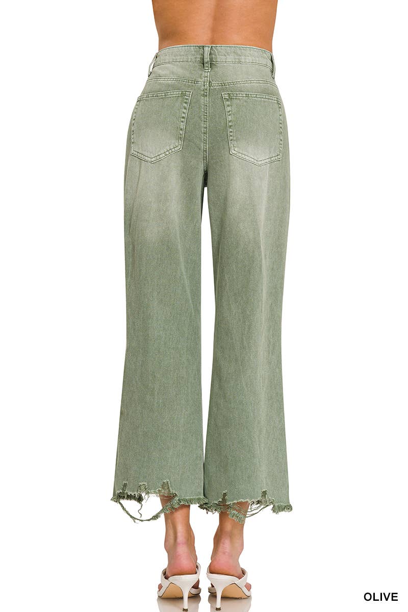 42POPS - `.Washed Distressed Crop Pants Colored Jeans