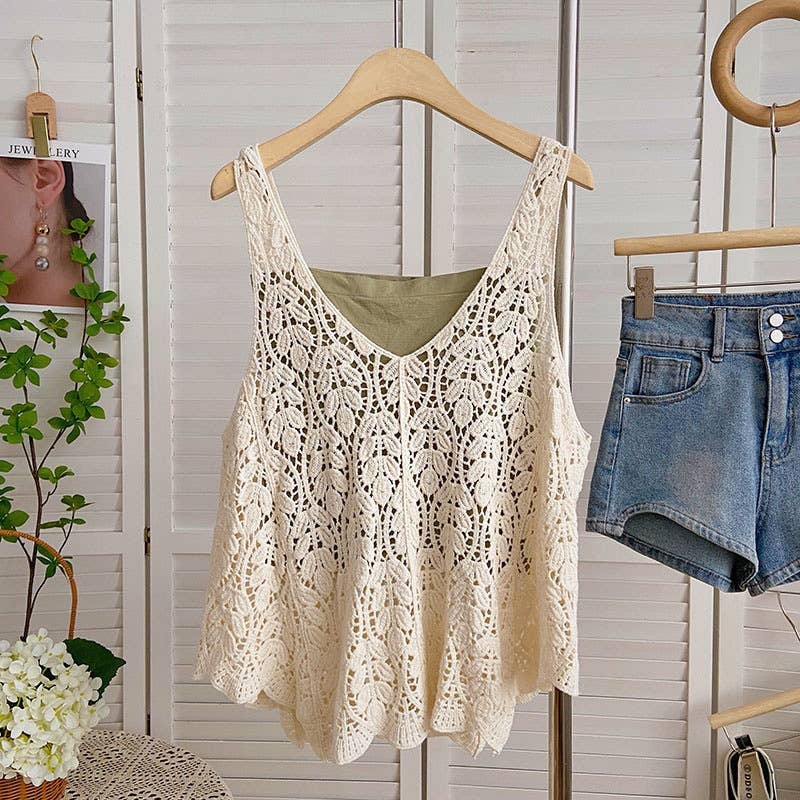 Hope & Sunshine - Cotton Knit Hollow Vintage Sleeveless Vest Top