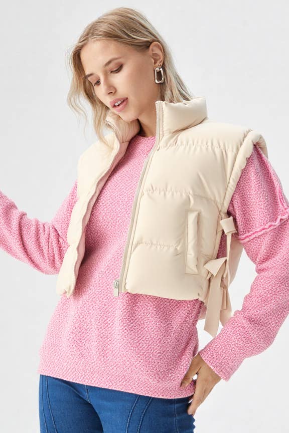 VERY J - NJ90335-Side Bow Tie Front Zipper Crop Puffer Vest