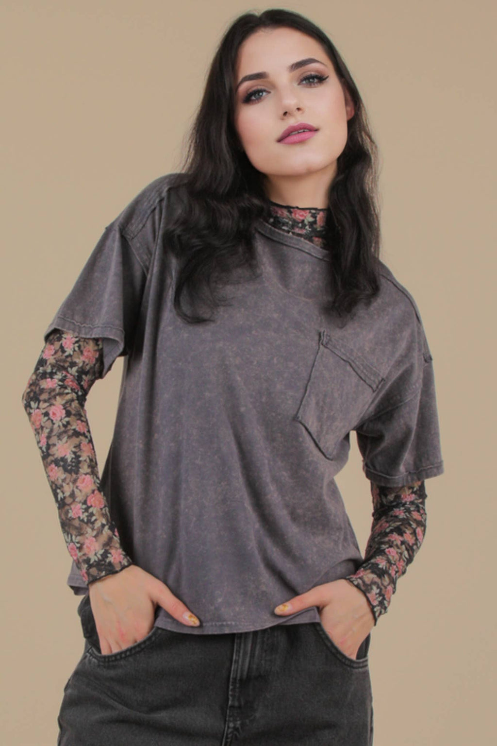 VERY J - NT11108-Mineral Washed Knit Top with Pocket