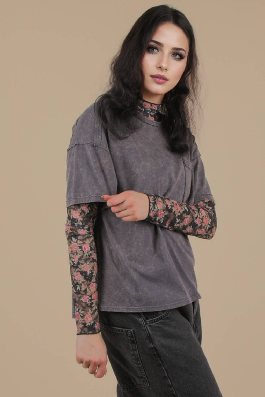 VERY J - NT11108-Mineral Washed Knit Top with Pocket