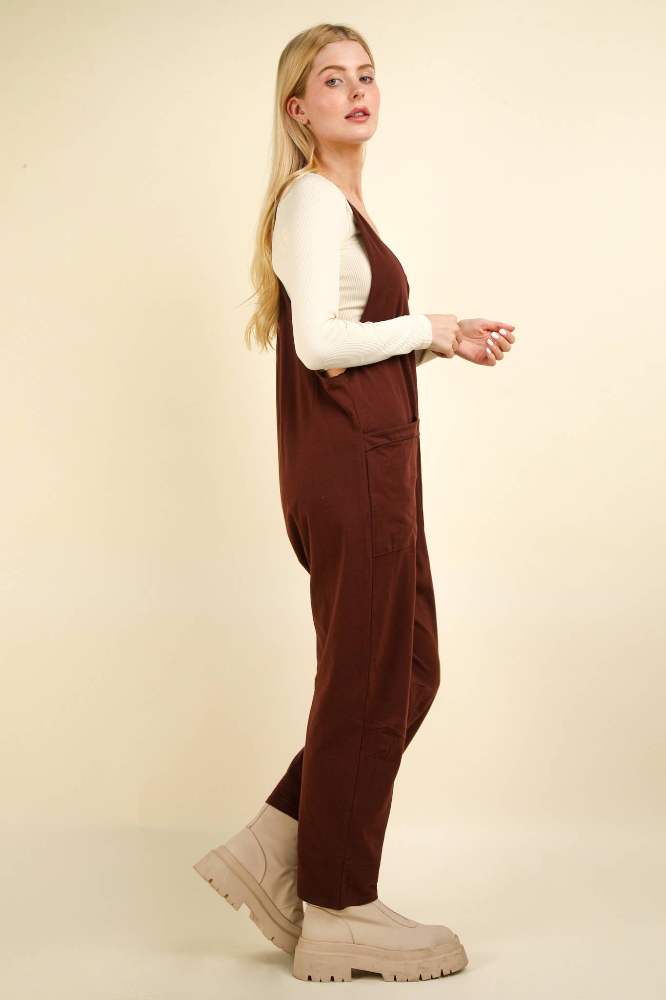 VERY J - NP70424-Casual Loose Fit Solid Knit Baggy Jumpsuit