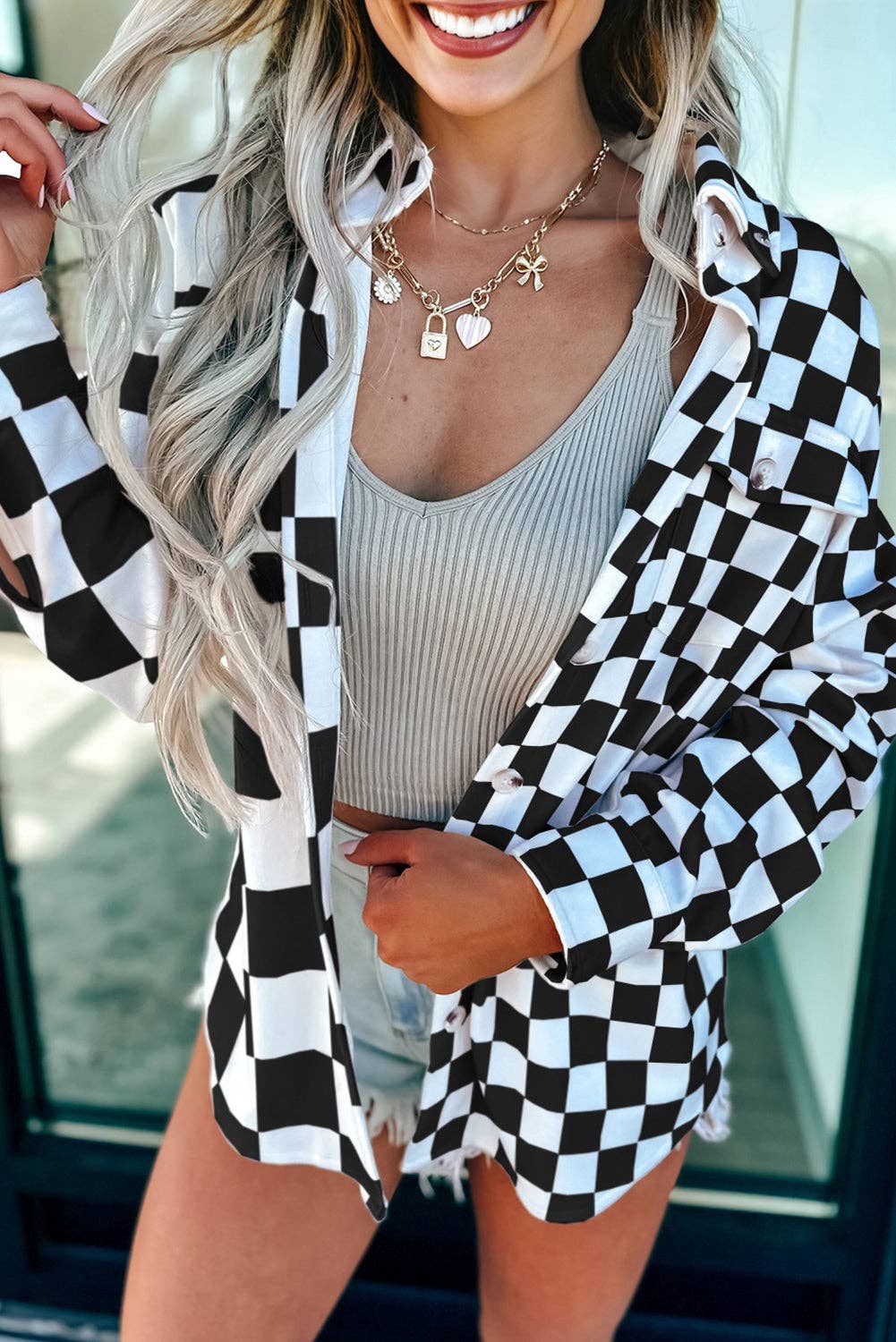 Lovesoft - Black Checkerboard Flap Pocket Button Front Shacket