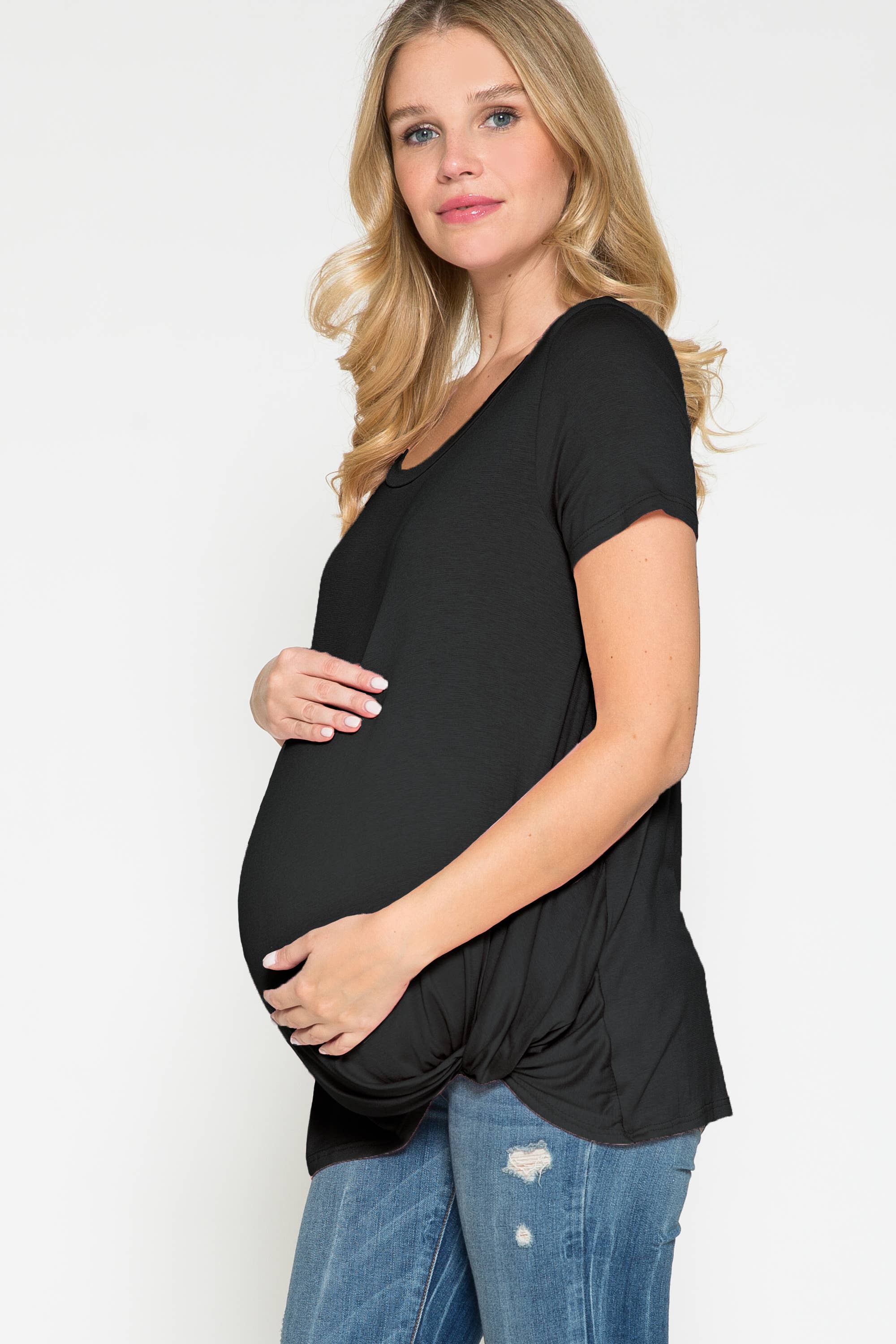 Story Teller - Maternity Round Neck Front Twist Knotted Solid Basic Top