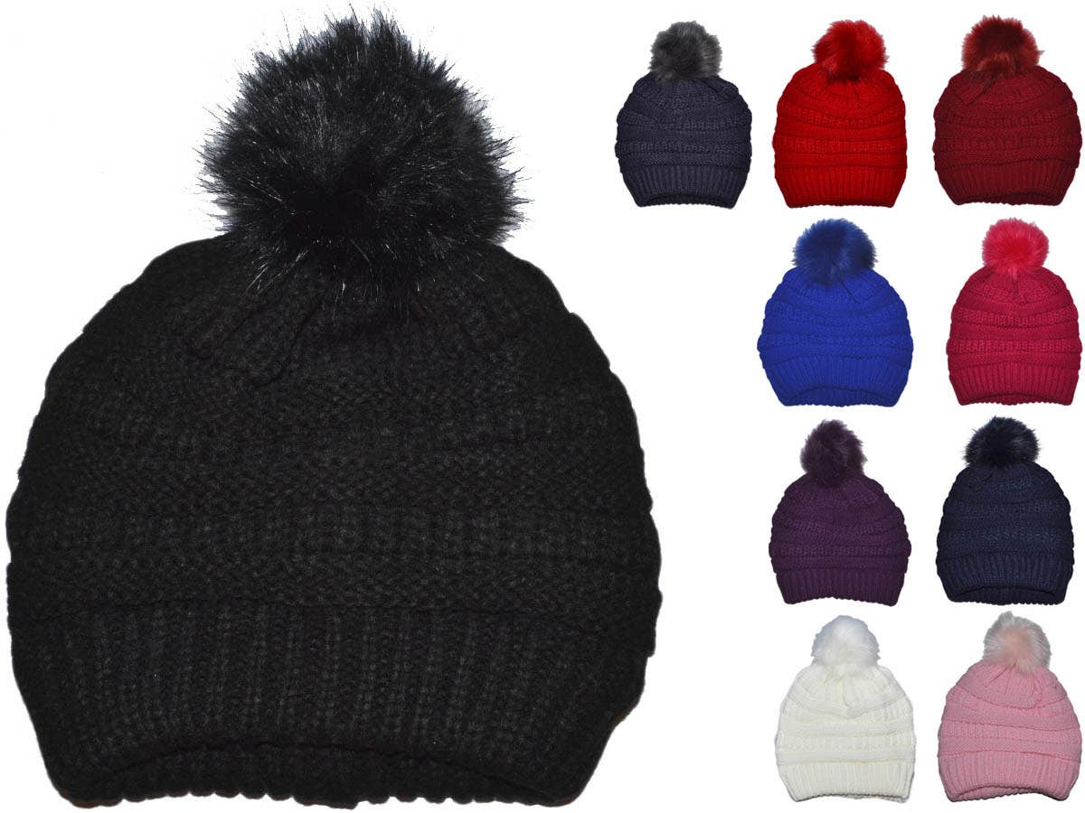 Buck Wholesale - Winter Beanie W/Fur Pom-Pom  - Warm Knit Soft Ladies Beanie