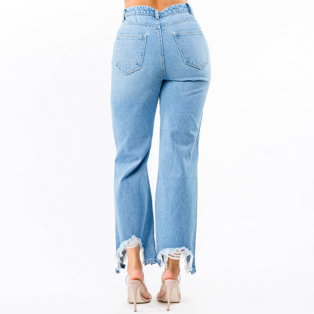American Bazi - HIGH WAIST DISTRESSED WIDE LEG JEANS-RJH5509