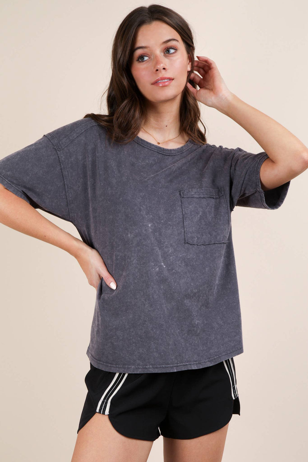 VERY J - NT11108-Mineral Washed Knit Top with Pocket
