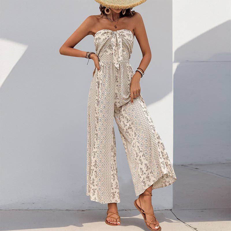 Lovesoft - Strapless Smocked Romper Tube Top Flare Trousers Jumpsuit