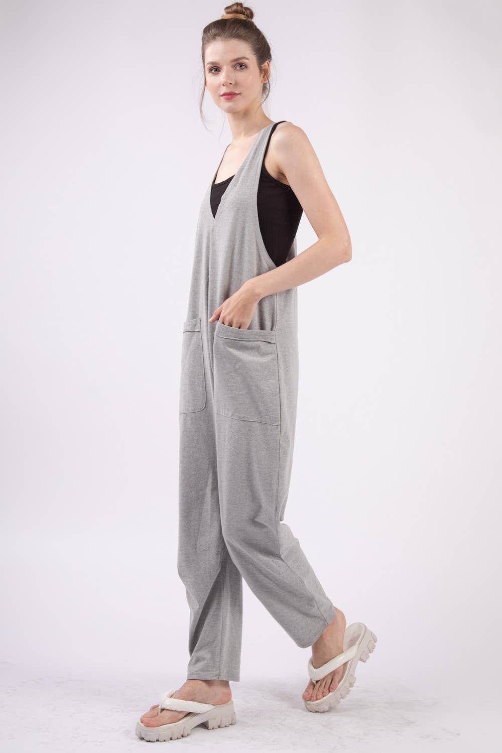 VERY J - NP70424-Casual Loose Fit Solid Knit Baggy Jumpsuit