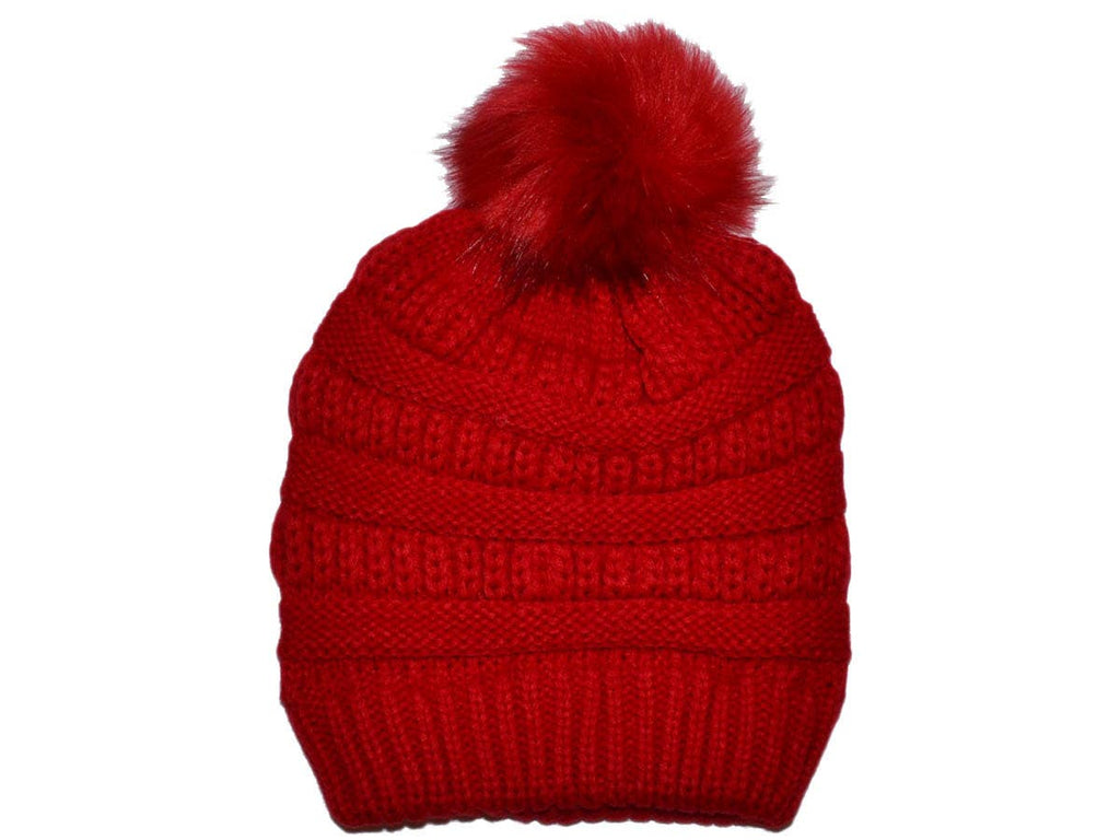 Buck Wholesale - Winter Beanie W/Fur Pom-Pom  - Warm Knit Soft Ladies Beanie