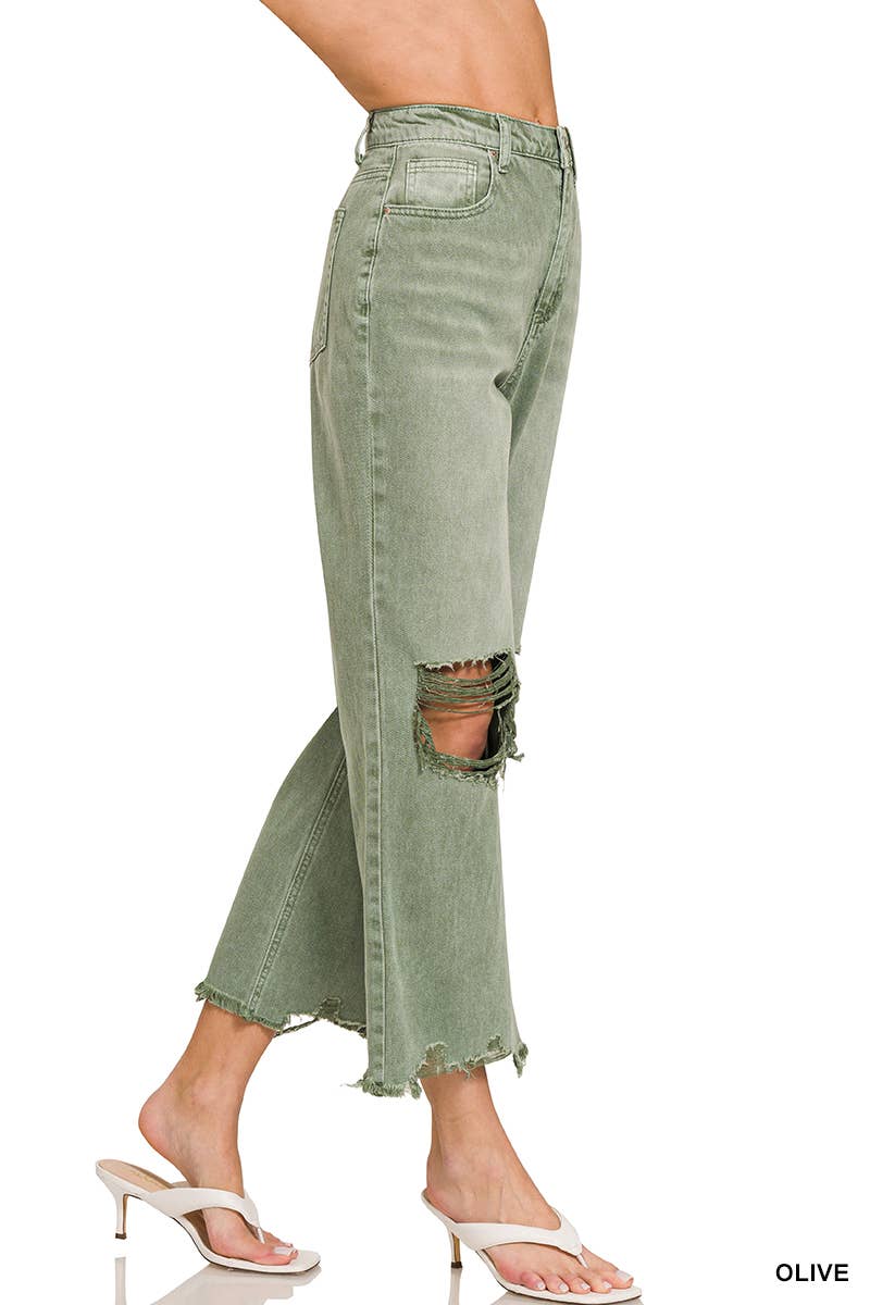 42POPS - `.Washed Distressed Crop Pants Colored Jeans