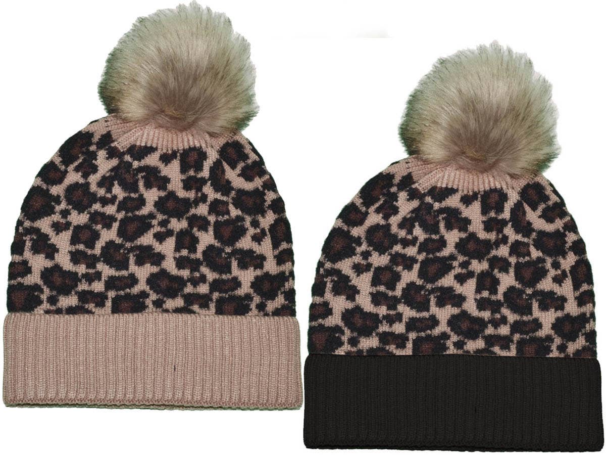 Buck Wholesale - Leopard Beanies with Removable Raccoon Fur Pom-Pom