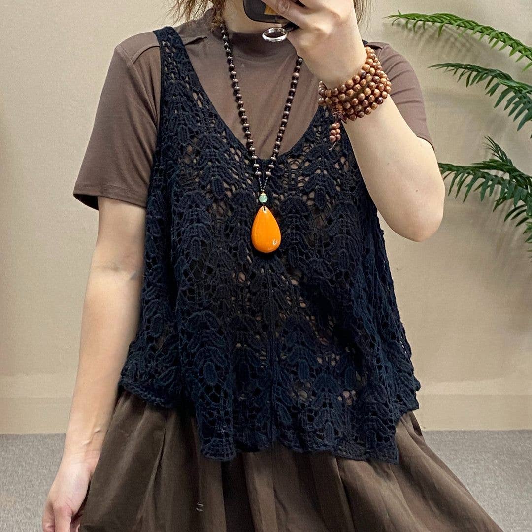 Hope & Sunshine - Cotton Knit Hollow Vintage Sleeveless Vest Top