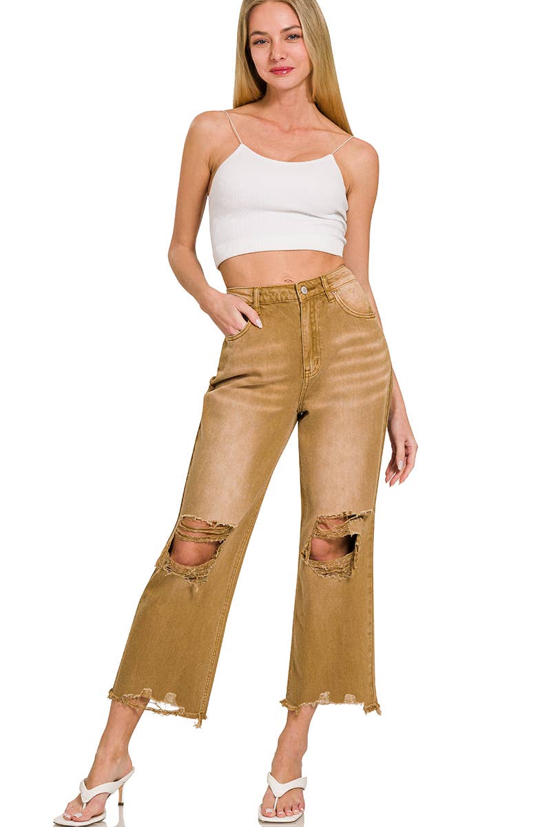 42POPS - `.Washed Distressed Crop Pants Colored Jeans