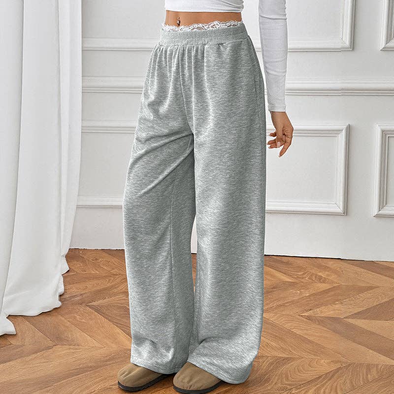 Lovesoft - Lace Trim High Waist Casual Straight Leg Pants