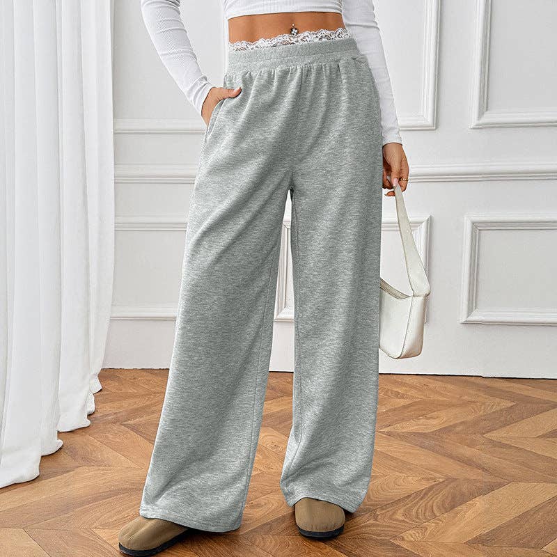 Lovesoft - Lace Trim High Waist Casual Straight Leg Pants