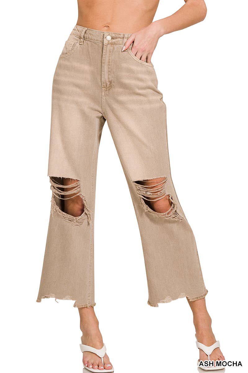 42POPS - `.Washed Distressed Crop Pants Colored Jeans
