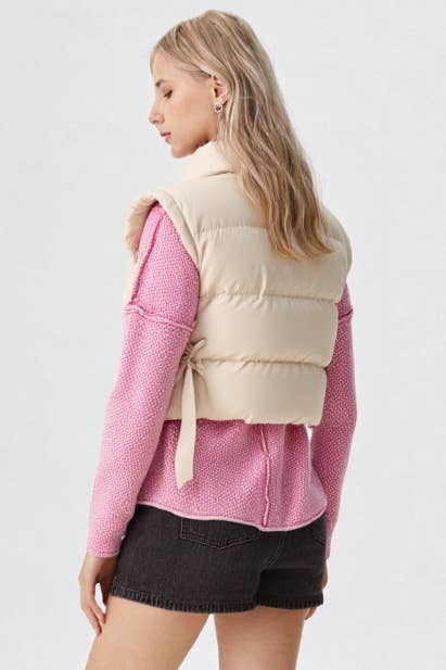 VERY J - NJ90335-Side Bow Tie Front Zipper Crop Puffer Vest
