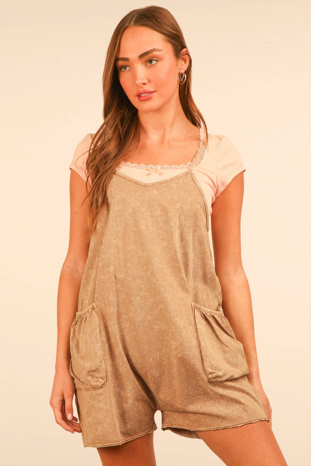 VERY J - NP70359-Mineral Washed Sleeveless Casual Knit Romper: