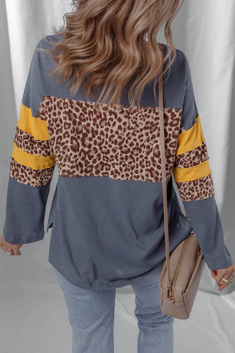 Lovesoft - Dark Blue Leopard Colorblock Patchwork Long Sleeve Drop Shoulder Top