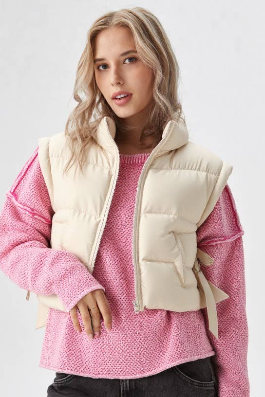 VERY J - NJ90335-Side Bow Tie Front Zipper Crop Puffer Vest