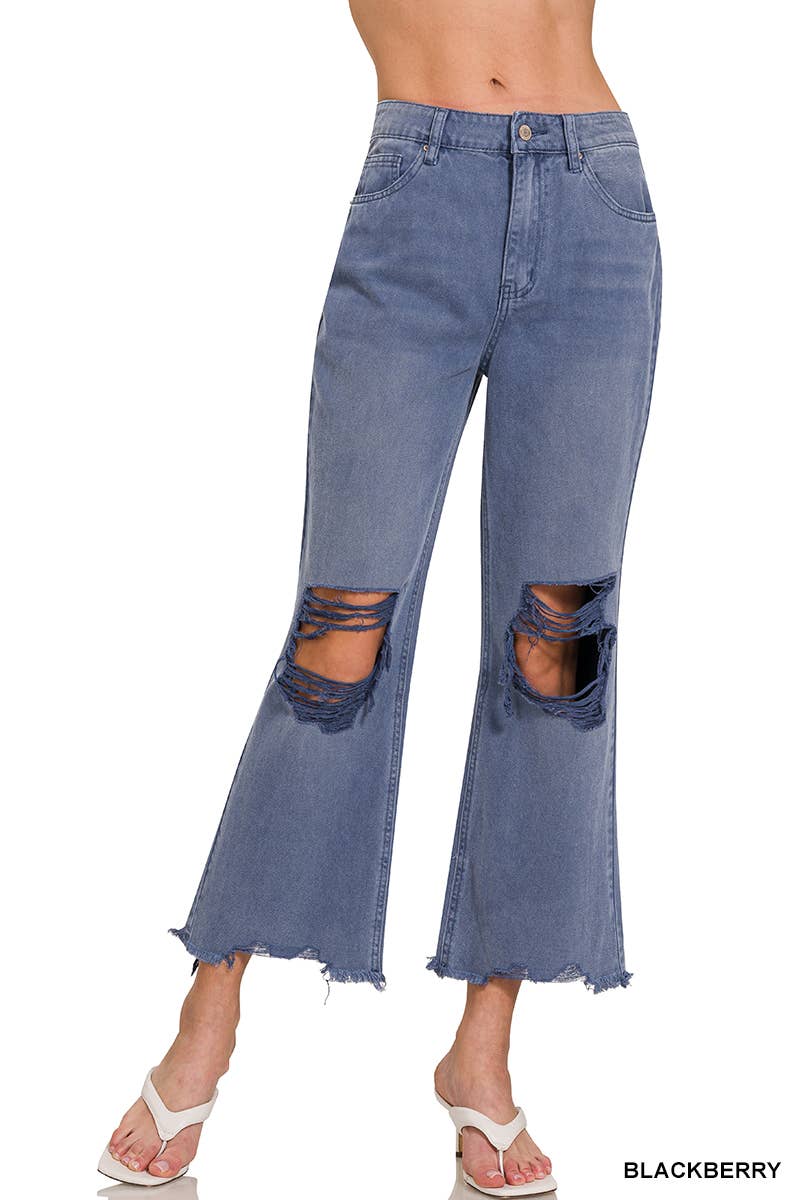 42POPS - `.Washed Distressed Crop Pants Colored Jeans