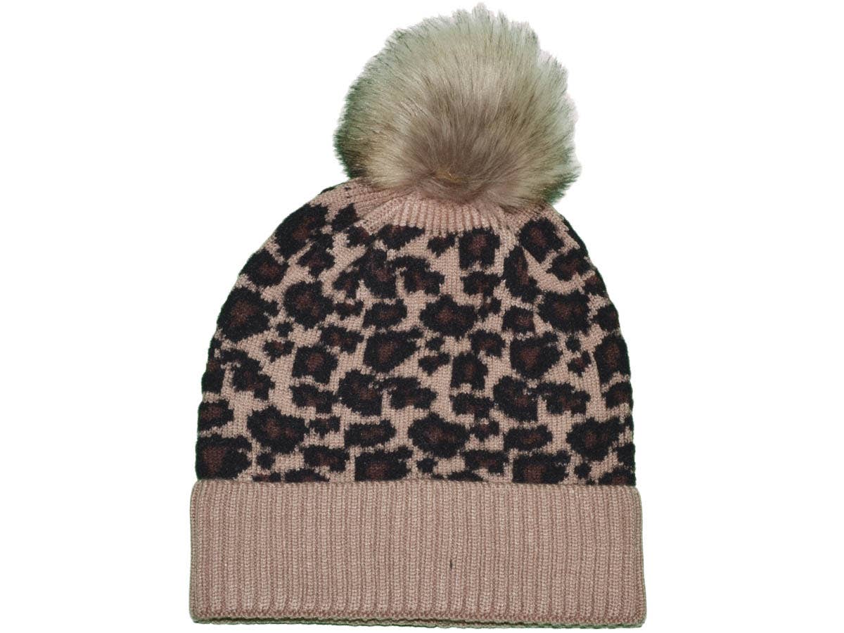Buck Wholesale - Leopard Beanies with Removable Raccoon Fur Pom-Pom