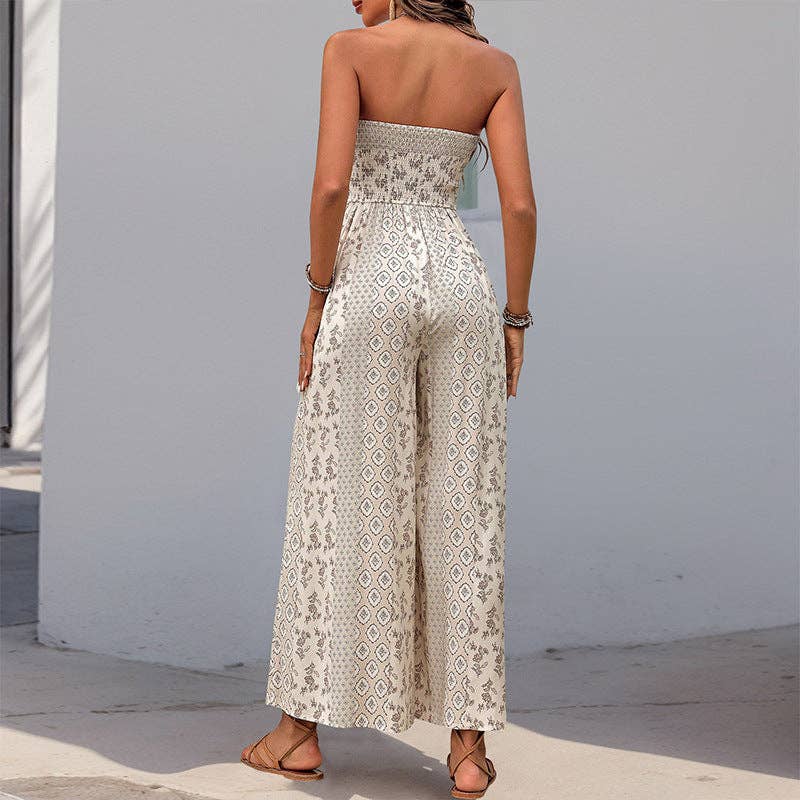 Lovesoft - Strapless Smocked Romper Tube Top Flare Trousers Jumpsuit
