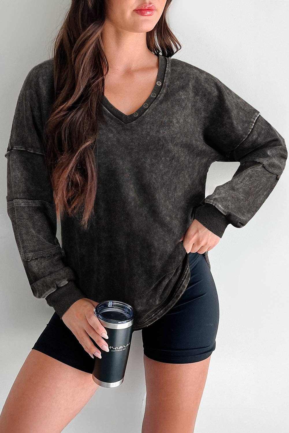 Lovesoft - Carbon Grey Mineral Wash Exposed Seam Buttoned V Neck Pullover Top